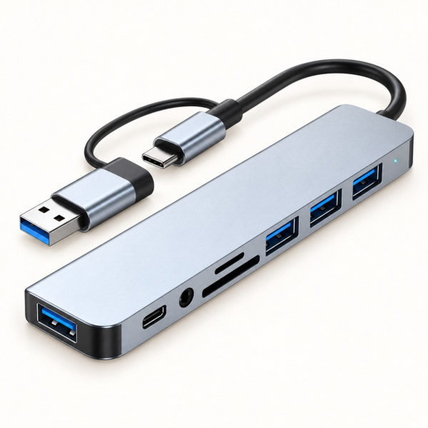 موزّع USB متعدد المنافذ مع قارئ بطاقات — 8 في 1 موزّع USB متعدد المنافذ مع قارئ بطاقات — 8 في 1